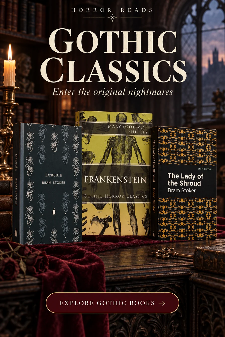 Gothic Classics — Dracula, Frankenstein and The Lady of the Shroud in a candlelit library. Explore Gothic books.